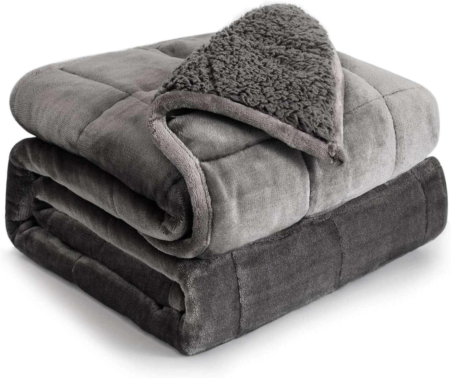 Folded gray ultra-cozy sherpa weighted blanket with soft plush texture and breathable fabric for anxiety relief and better sleep