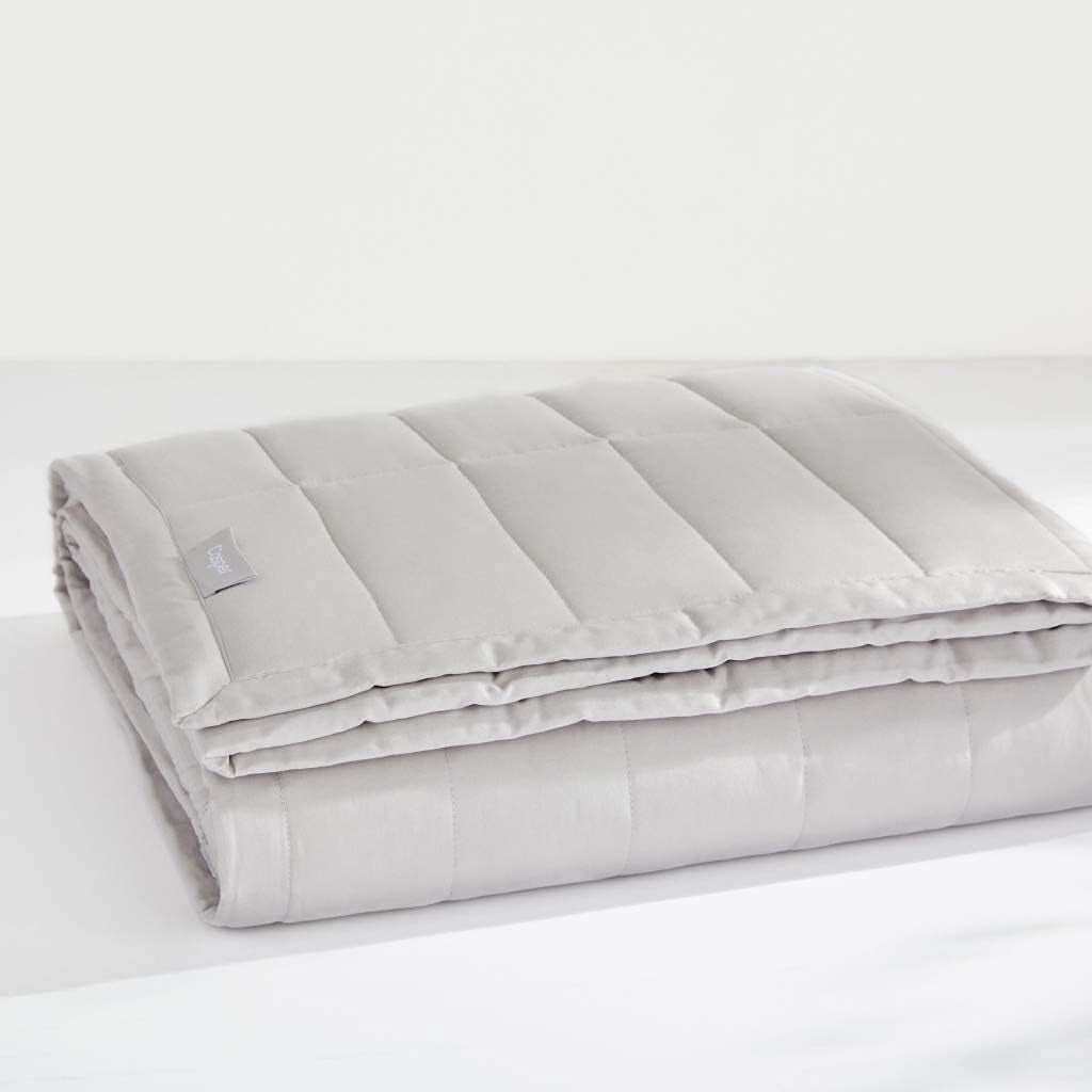 Folded premium gray 20 lb weighted blanket with quilted channels for even weight distribution and breathable cotton fabric