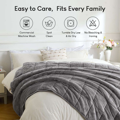 Easy care and versatile gray Bare Weighted Blanket for every family, showcasing machine wash, spot clean, and drying instructions.