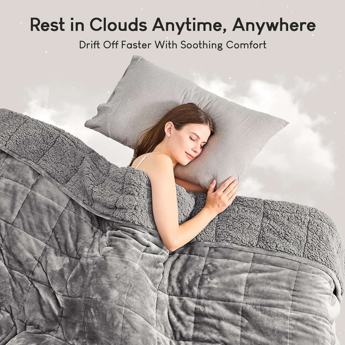 Woman peacefully sleeping under a soft, cozy gray blanket, promoting comfort and restful sleep.