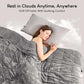 Woman relaxing under a cozy sherpa weighted blanket, promoting soothing comfort and better sleep.