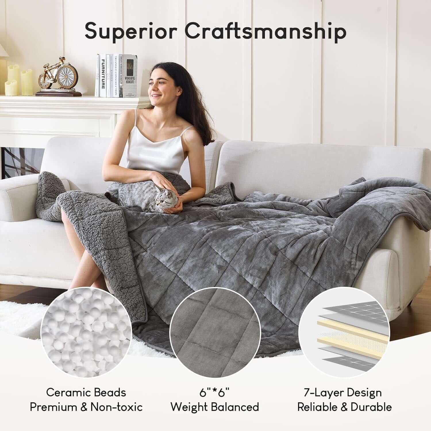 Woman relaxing under a Bare Weighted Blanket, showcasing its craftsmanship, ceramic beads, and 7-layer design for restful sleep.