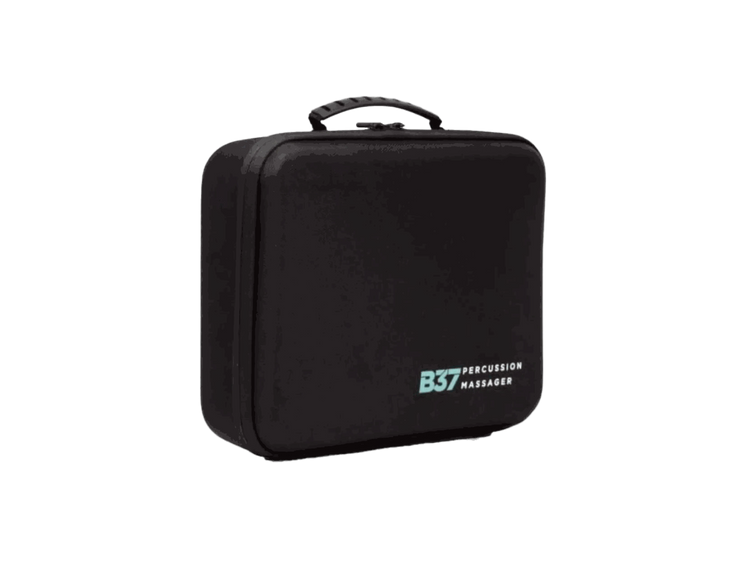 Black carrying case for the Ekrin B37 percussion massage gun, featuring a sturdy handle and sleek design.