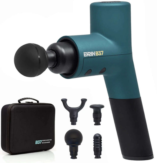 Deep tissue percussion massage gun with attachments and case for effective muscle recovery and pain management.