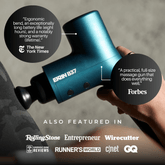 Deep Tissue Percussion Massage Gun features ergonomic design, long battery life, and accolades from The New York Times and Forbes.