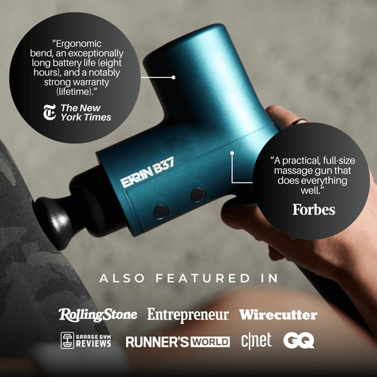 Deep Tissue Percussion Massage Gun features ergonomic design, long battery life, and accolades from The New York Times and Forbes.